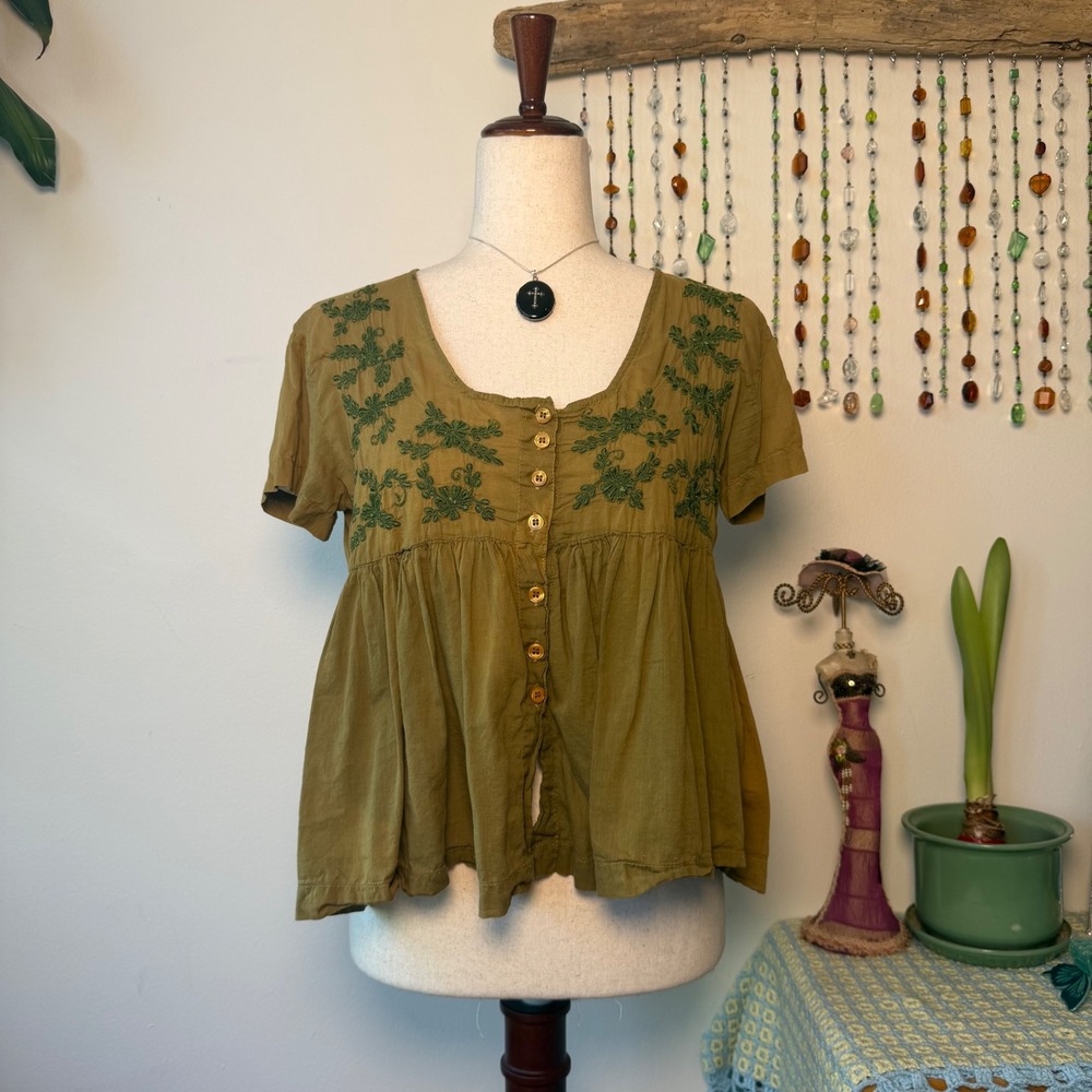 Vintage Contempo Casuals Chartreuse Green Embroidered Cotton Babydoll Top M y2k